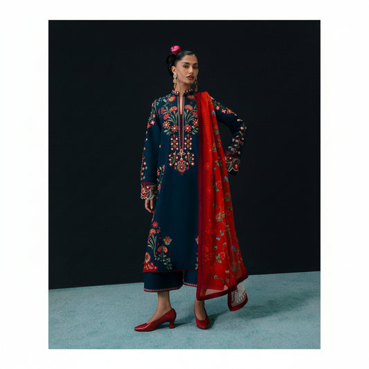 A woman models a traditional Indian outfit consisting of a navy blue kurta with colorful floral embroidery, matching navy pants, and a bright red dupatta with gold embroidery, set against a dark studio background.