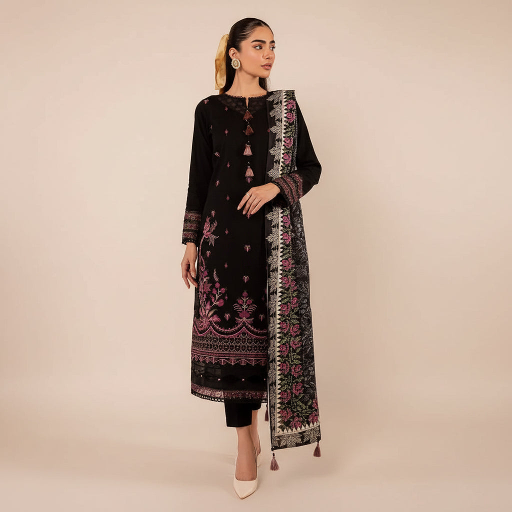 A woman models a black three-piece ethnic suit with intricate pink and gold embroidery, featuring a long kurta, matching trousers, and a patterned dupatta, set against a warm beige interior background.