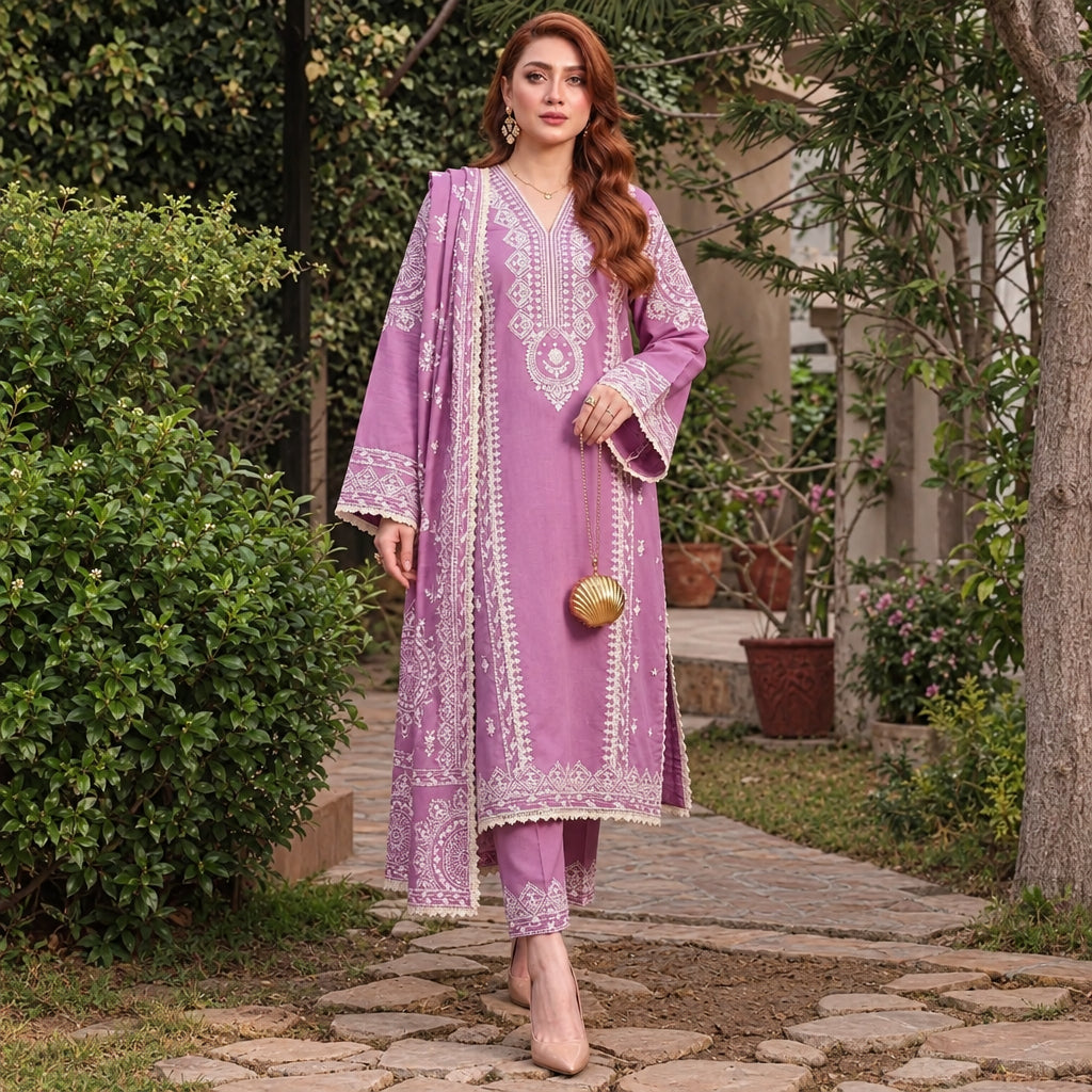 A woman wearing a lavender purple three-piece traditional outfit with white embroidery, standing on a stone path in a garden setting.