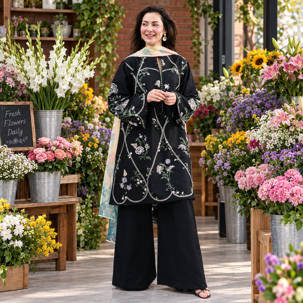Woman in a black embroidered dress standing among flowers