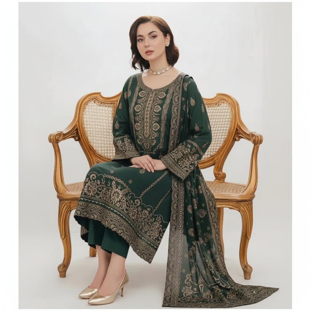 A woman seated on an ornate wooden cane-back bench wearing a dark green traditional outfit with extensive gold embroidery and a matching dupatta, photographed against a plain light background.