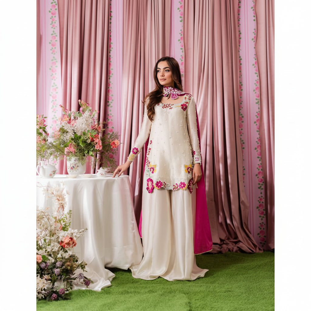 Woman in a floral dress standing in front of pink curtains with floral decorations.