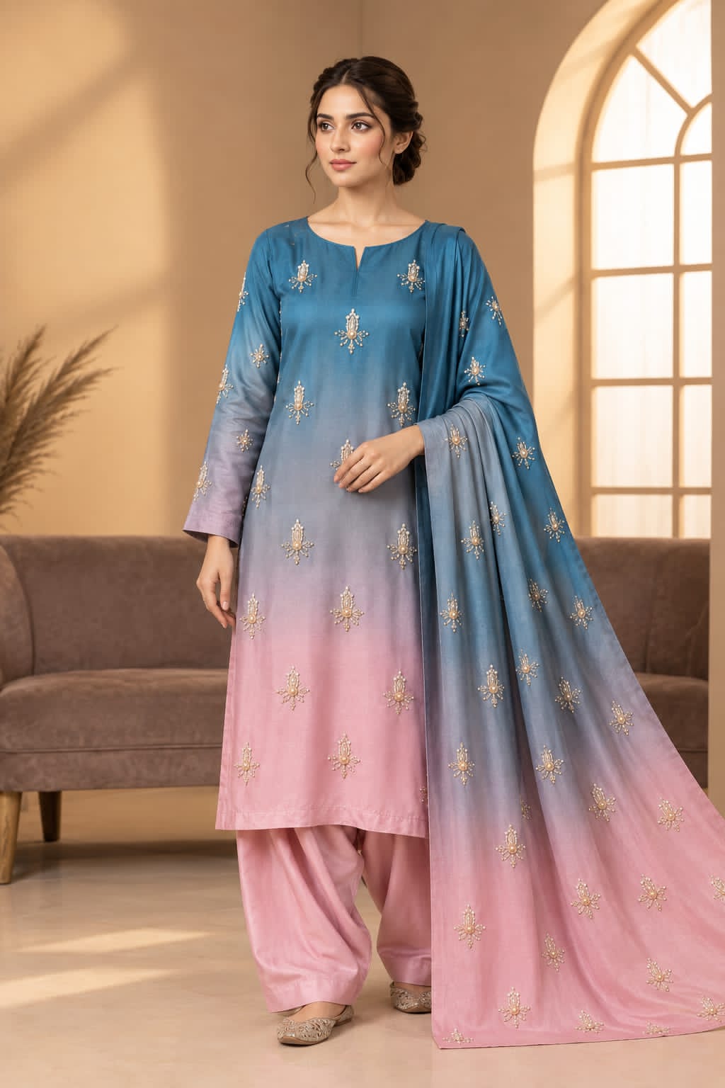 Ladies Shamoze Silk Tie & Dye Printed 3-Piece Suit with Pearl & Beads Handwork