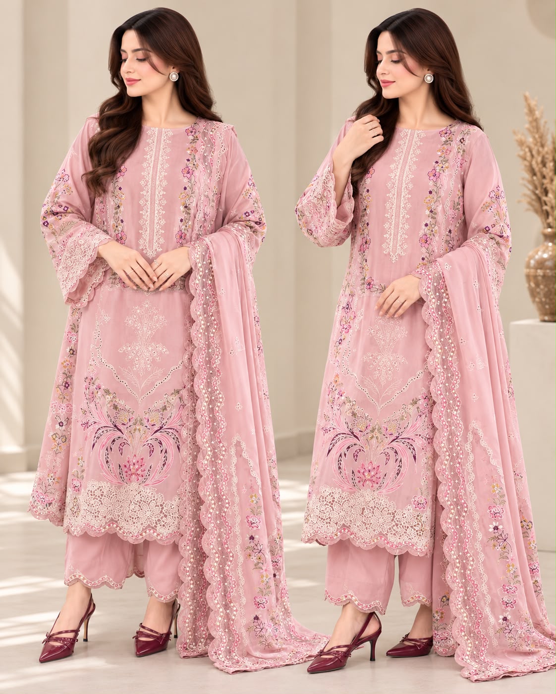 Aneela’s Winter Dhanak Heavy Embroidered 3 Piece Suit with Applique Shawl – Black & Blue | Muntaha Store