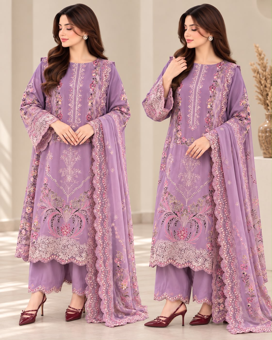 Aneela’s Winter Dhanak Heavy Embroidered 3 Piece Suit with Applique Shawl – Black & Blue | Muntaha Store