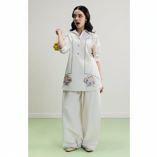 Off-White Embroidered Cotton Lawn Stitched 2PC Suit with Farshi Shalwar