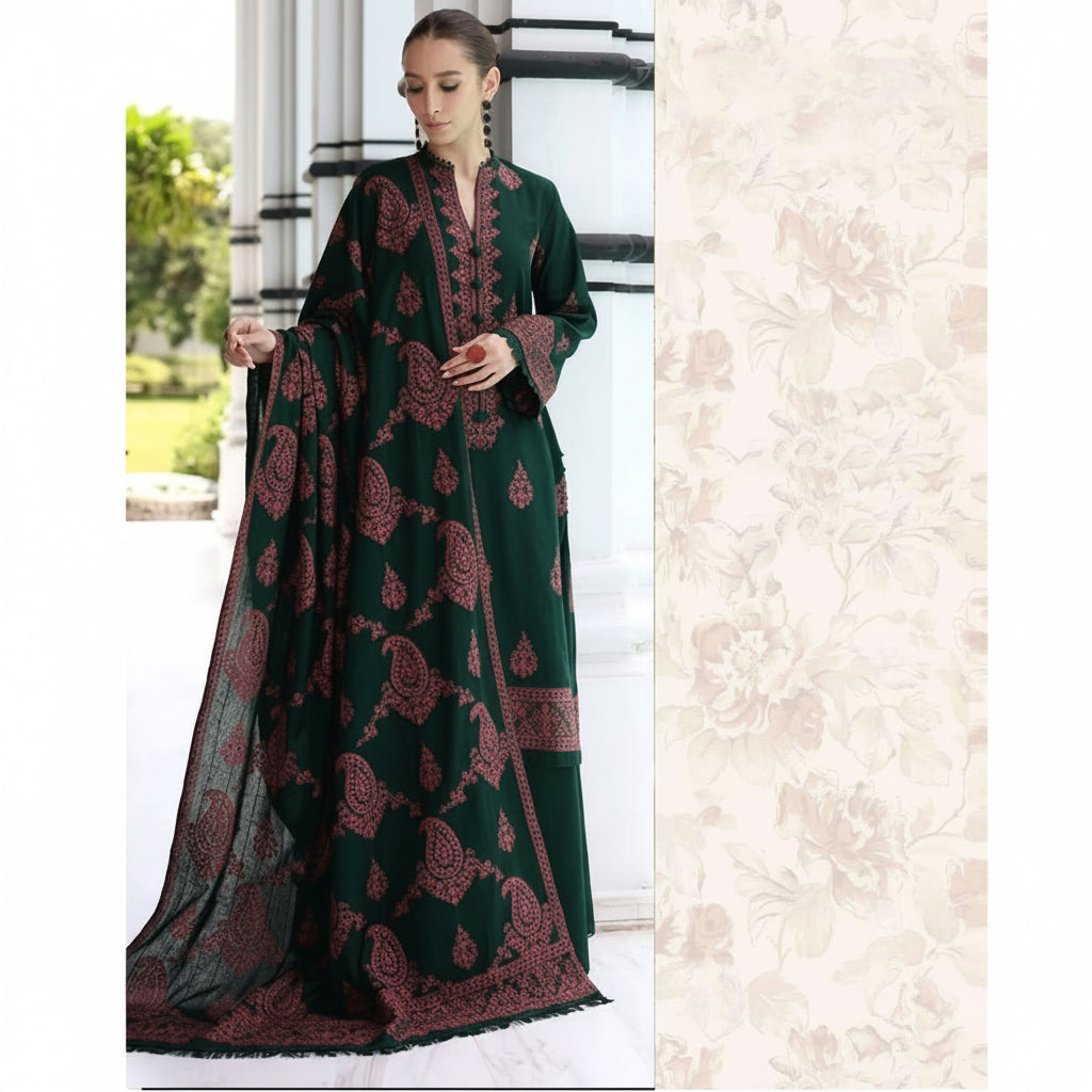 A woman modeling a dark green unstitched dhanak kurta set with intricate maroon embroidery, shown alongside a beige text panel displaying the Bareezé brand and collection details.