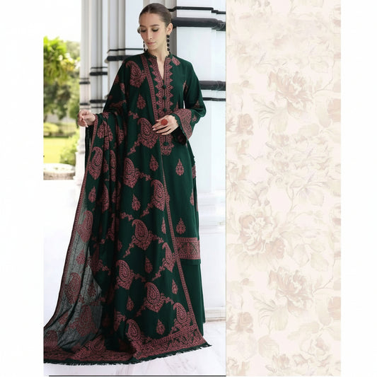 A woman modeling a dark green unstitched dhanak kurta set with intricate maroon embroidery, shown alongside a beige text panel displaying the Bareezé brand and collection details.