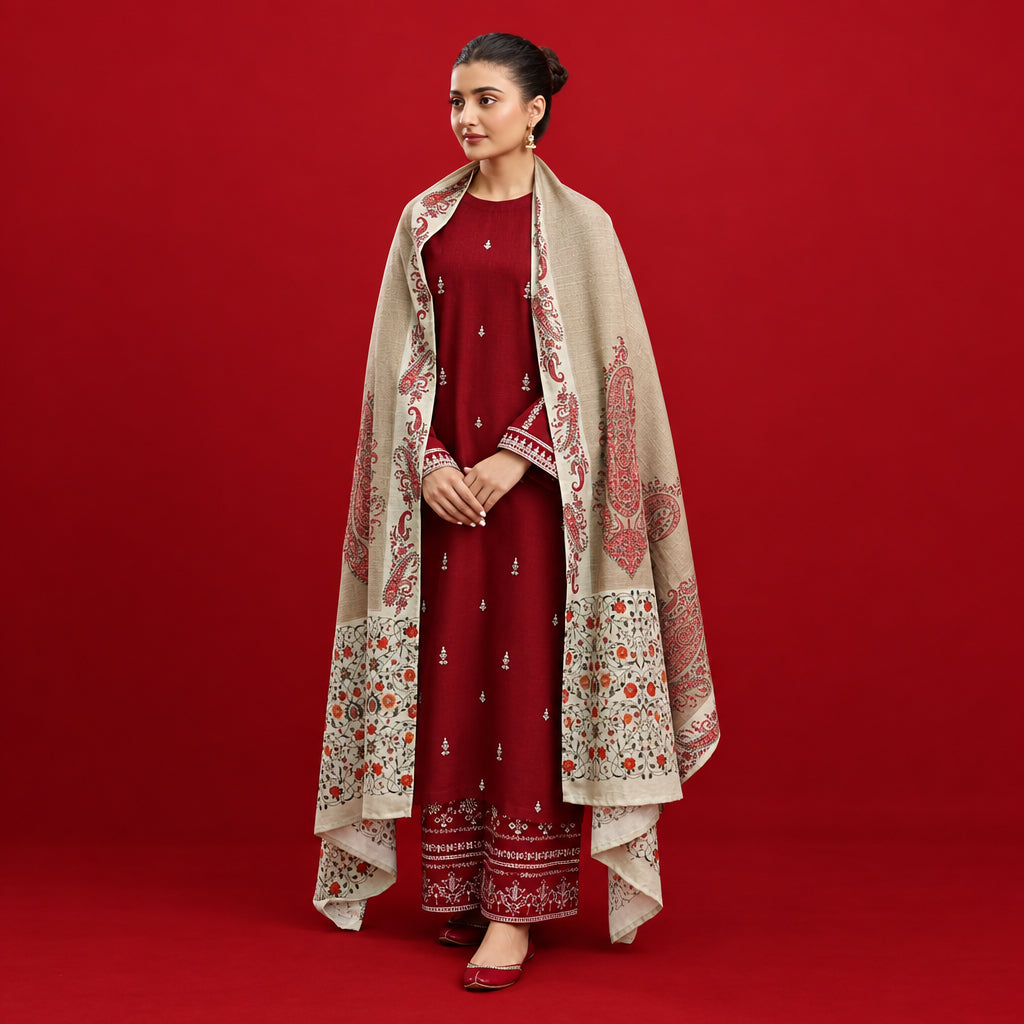 Woman wearing a red outfit with a beige patterned shawl against a red background