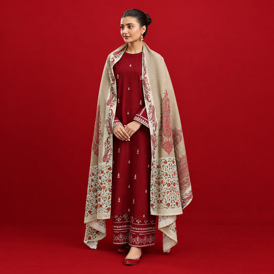 Woman wearing a red outfit with a beige patterned shawl against a red background
