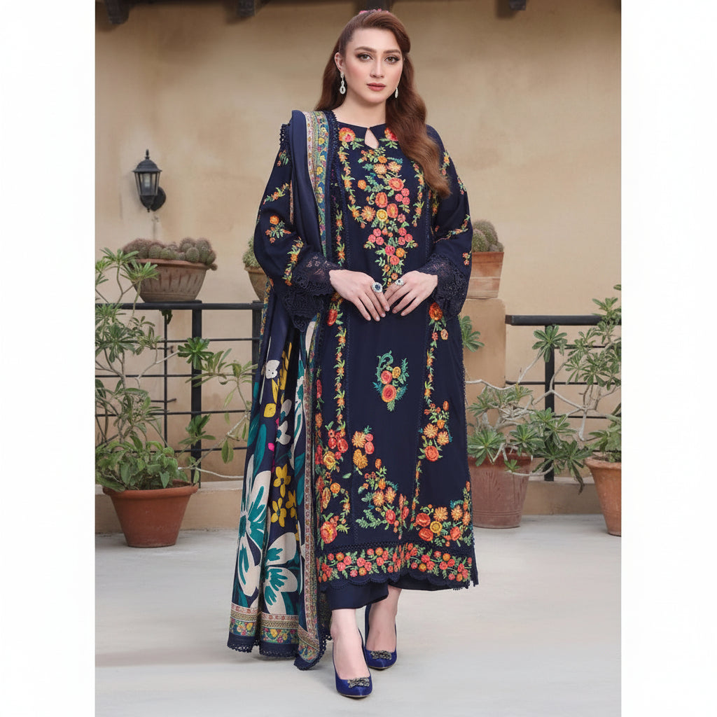 Woman wearing a navy blue embroidered outfit with a colorful floral pattern, standing outdoors.